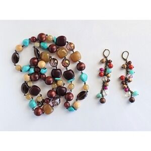 Vintage Glass Wood Necklace w/Dangle Wood & Acrylic Earrings Multicolor Boho